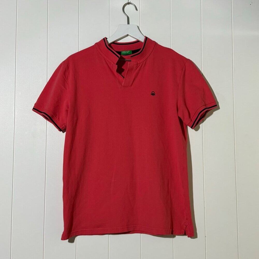 United Colors Of Benetton Red Polo Shirt Striped Johnny Collar TIpping Medium